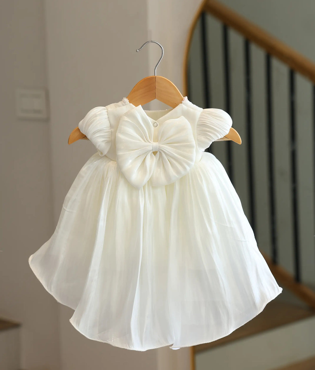 Off-White Laser Organza Handworked High-Low Baptism Frock For Baby Girl [6567]