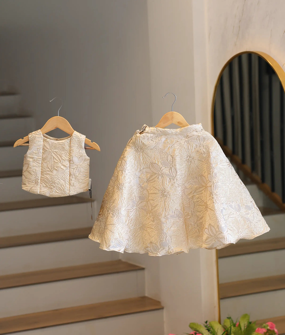Gold and Beige Floral Turkish Organza Skirt and Top for Baby Girl [6568]