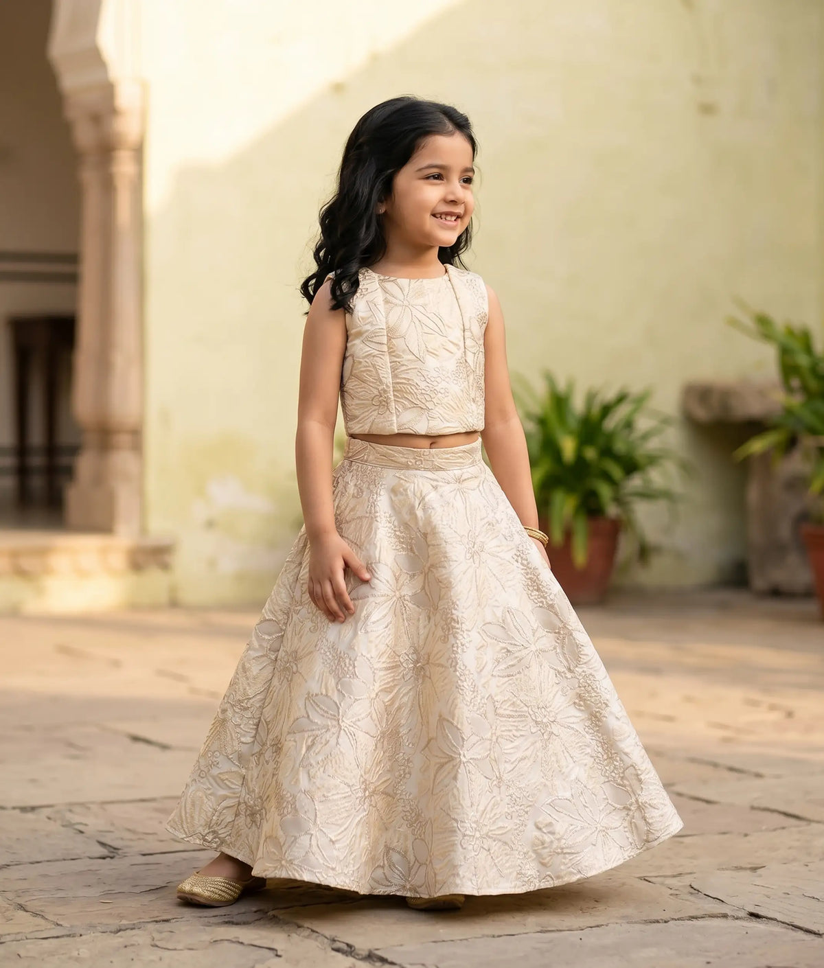 Gold and Beige Floral Turkish Organza Skirt and Top for Baby Girl [6568]