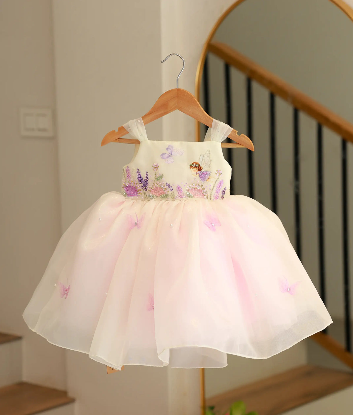White and Pink Shimmer Organza HandWorked Fairy Theme Birthday Frock For Baby Girl [Pre Order: 6569]