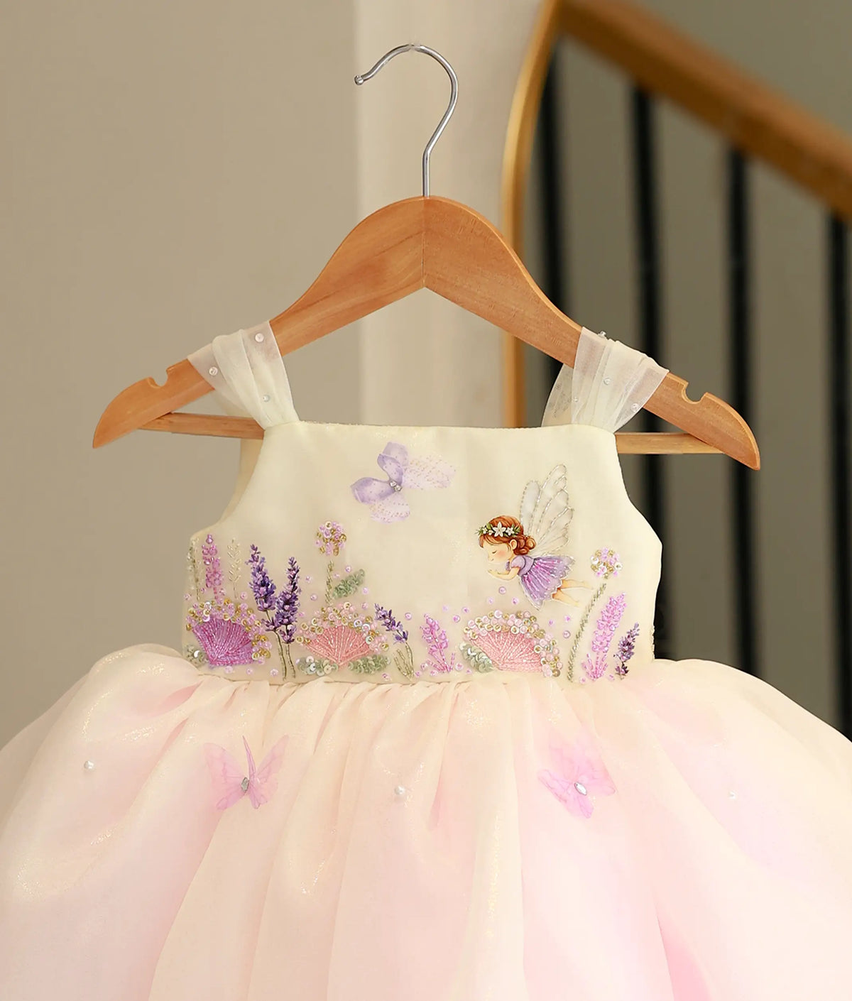 White and Pink Shimmer Organza HandWorked Fairy Theme Birthday Frock For Baby Girl [Pre Order: 6569]