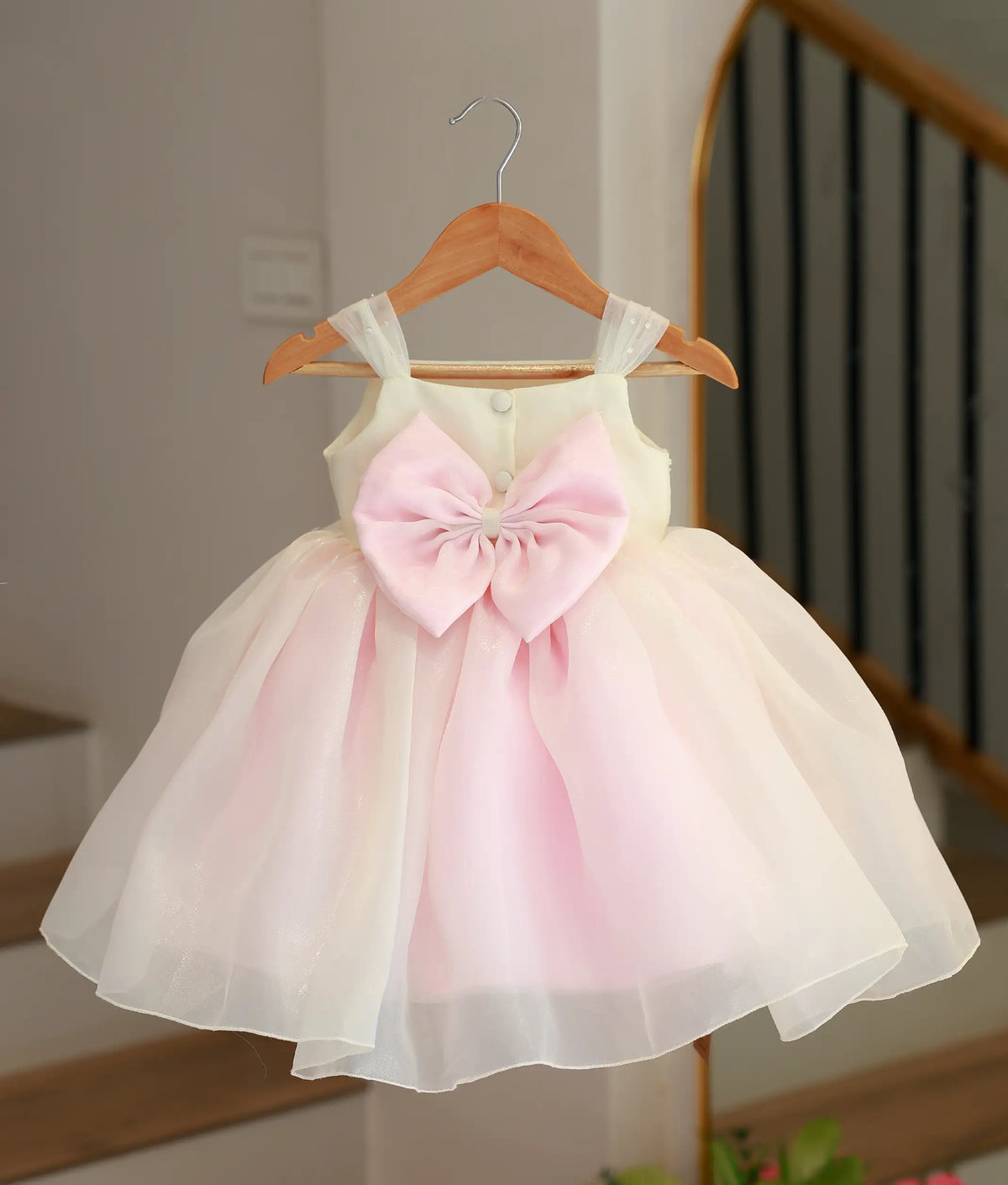White and Pink Shimmer Organza HandWorked Fairy Theme Birthday Frock For Baby Girl [Pre Order: 6569]