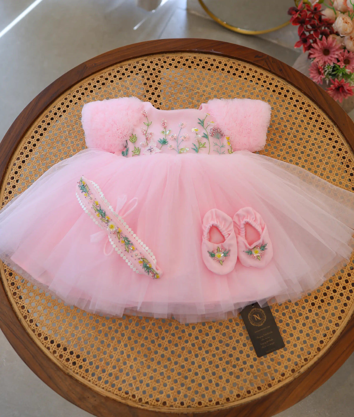Baby Pink Tulle Net Handworked Birthday Frock and Accessories for Baby Girl [Pre Order: 6571]