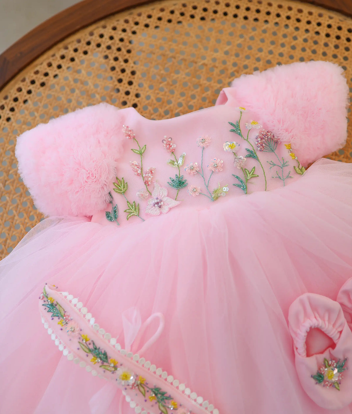 Baby Pink Tulle Net Handworked Birthday Frock and Accessories for Baby Girl [Pre Order: 6571]