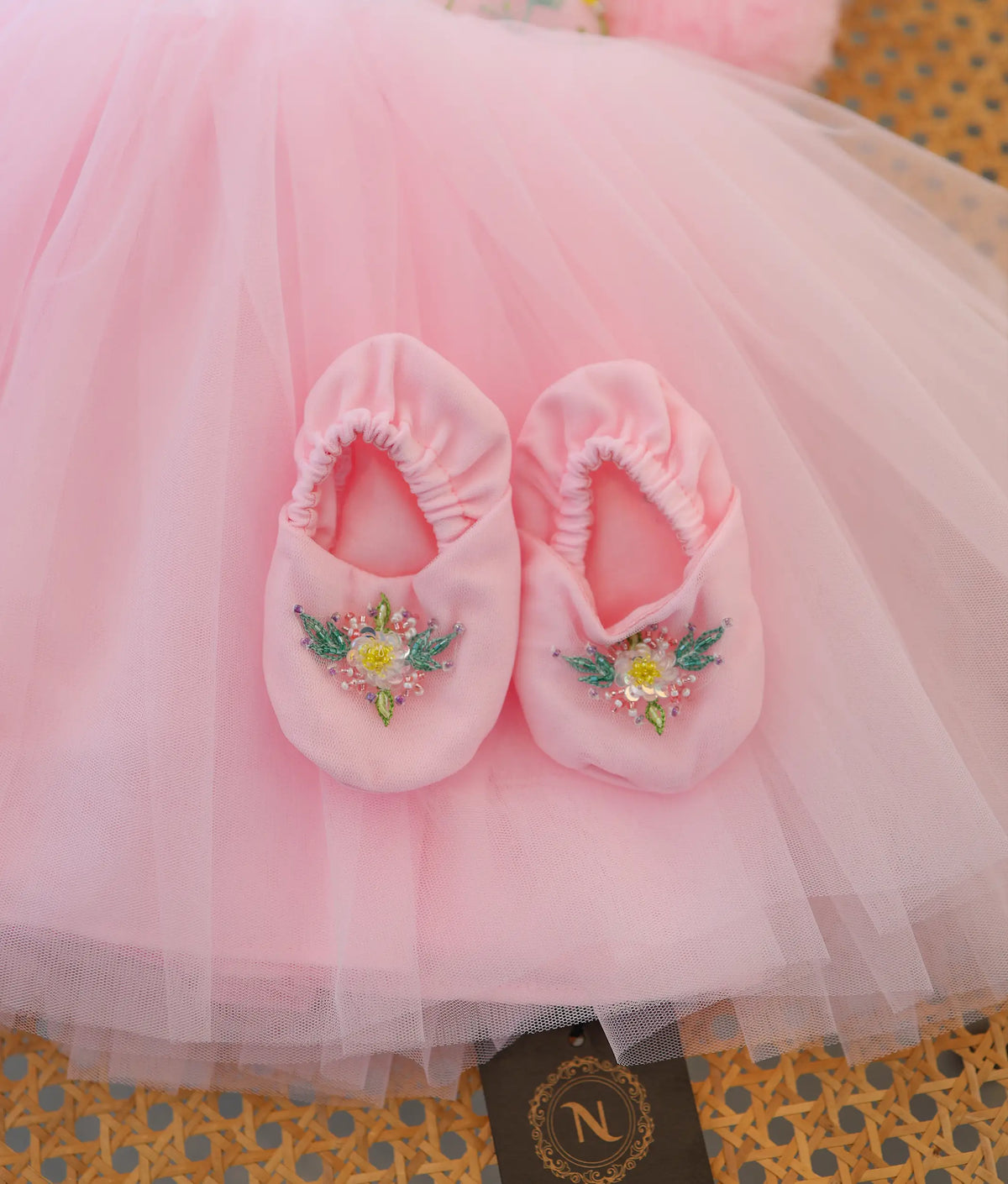 Baby Pink Tulle Net Handworked Birthday Frock and Accessories for Baby Girl [Pre Order: 6571]