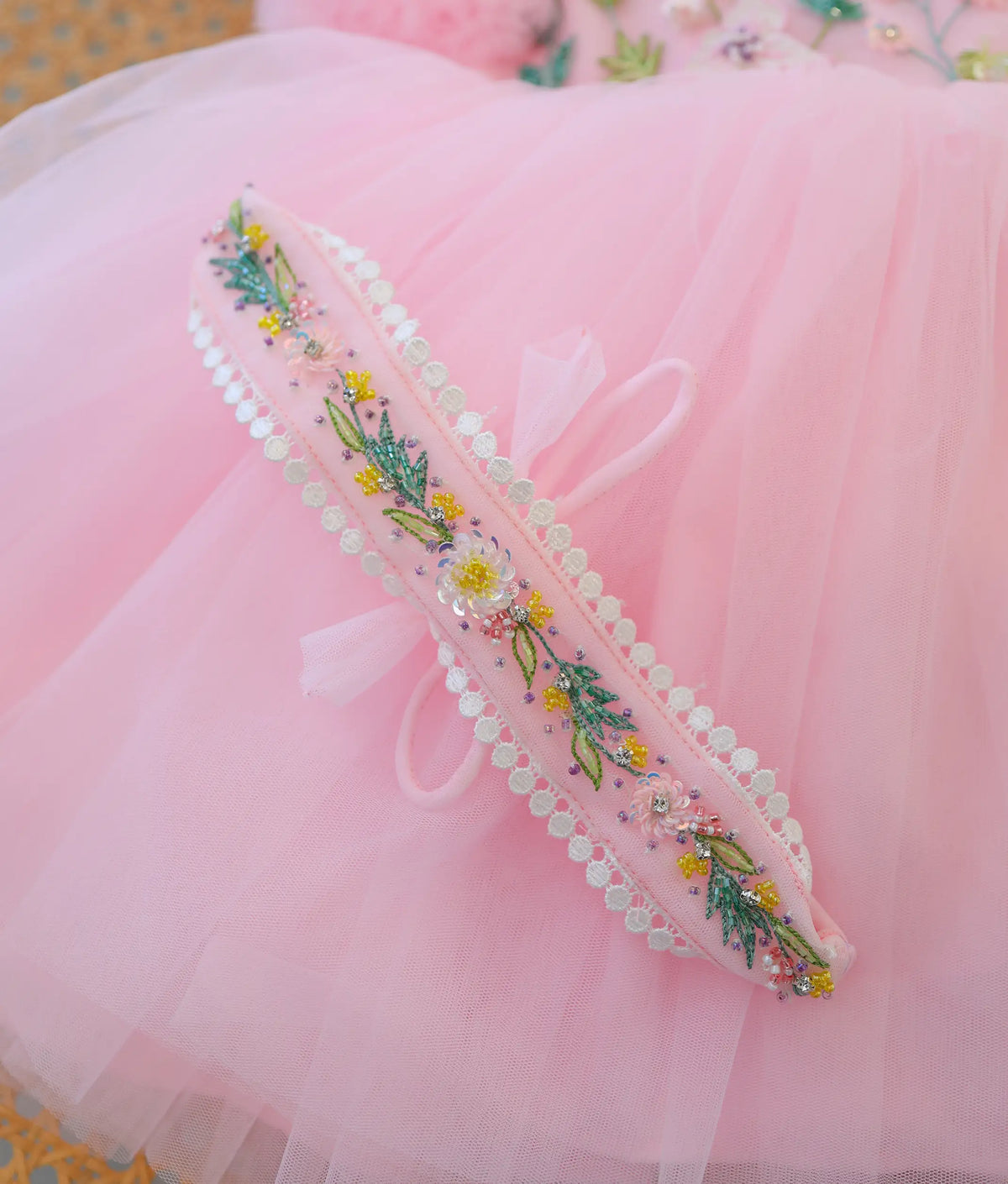 Baby Pink Tulle Net Handworked Birthday Frock and Accessories for Baby Girl [Pre Order: 6571]