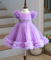Lavender Tulle Net Handworked Birthday Frock for Baby Girl [6573]