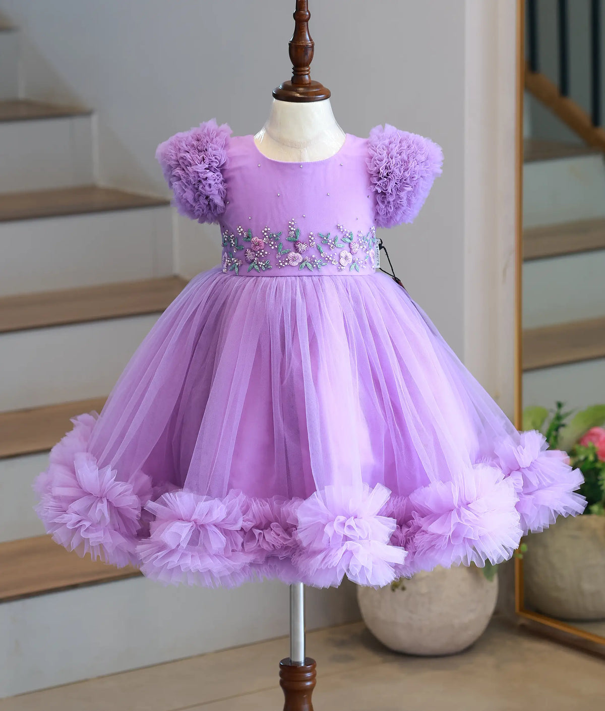 Lavender Tulle Net Handworked Birthday Frock for Baby Girl [6573]