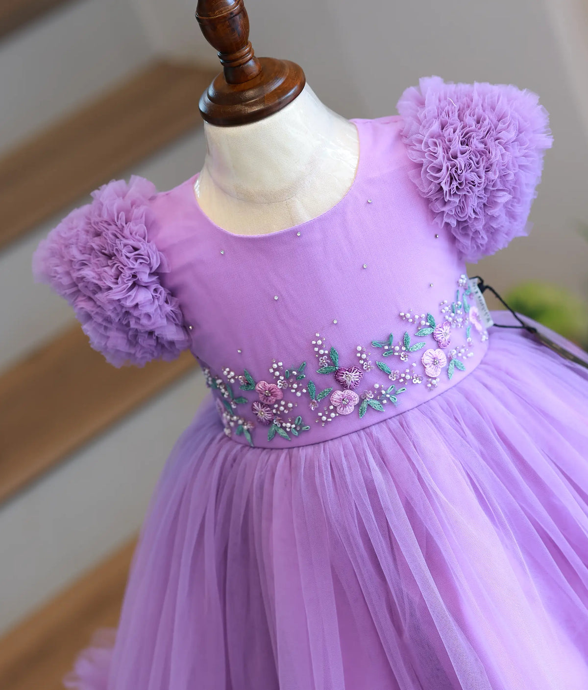 Lavender Tulle Net Handworked Birthday Frock for Baby Girl [6573]