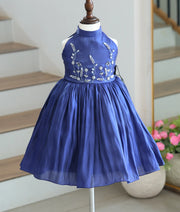Navy Blue Laser Organza Handworked Birthday Frock for Baby Girl [6575]