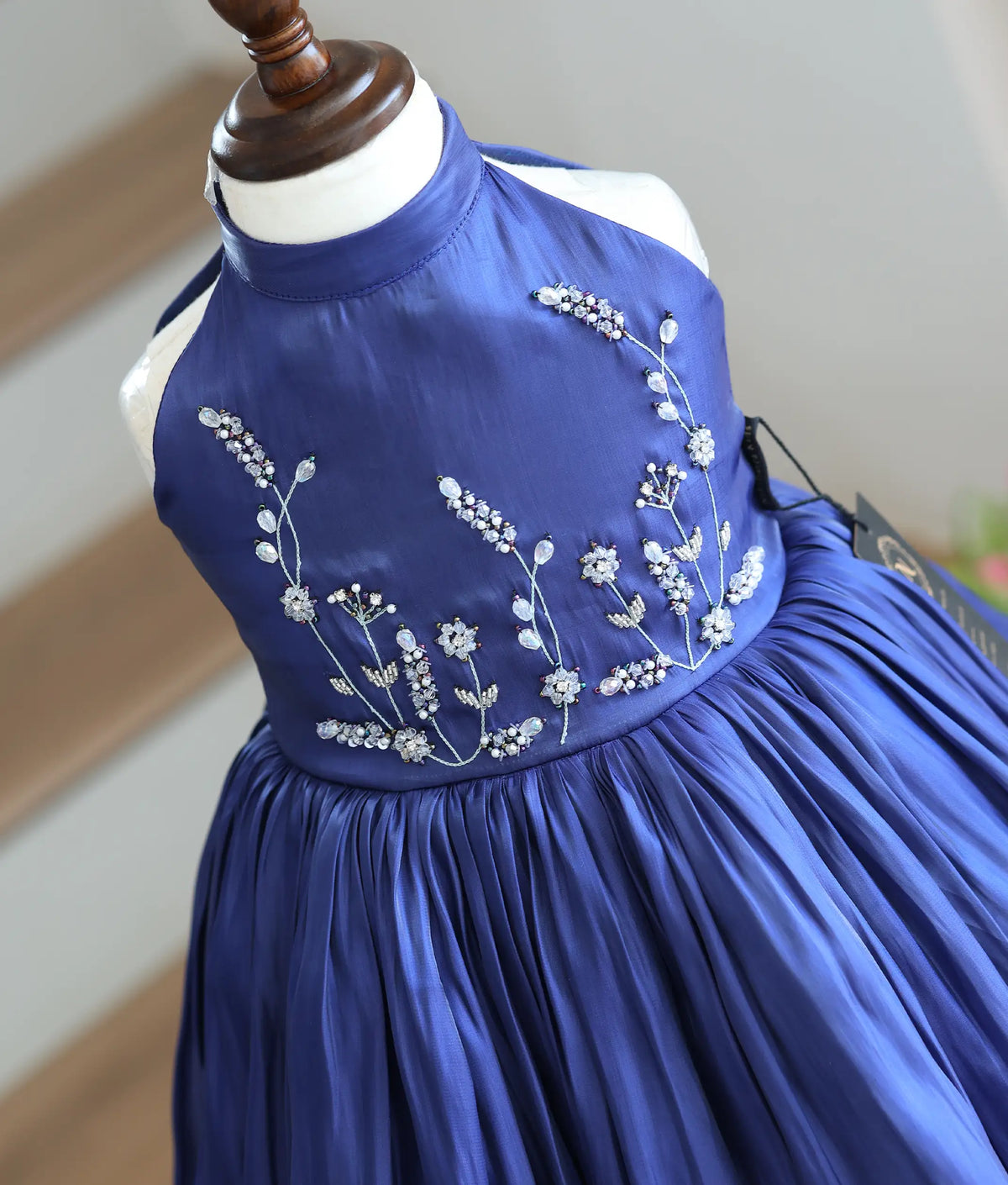 Navy Blue Laser Organza Handworked Birthday Frock for Baby Girl [6575]