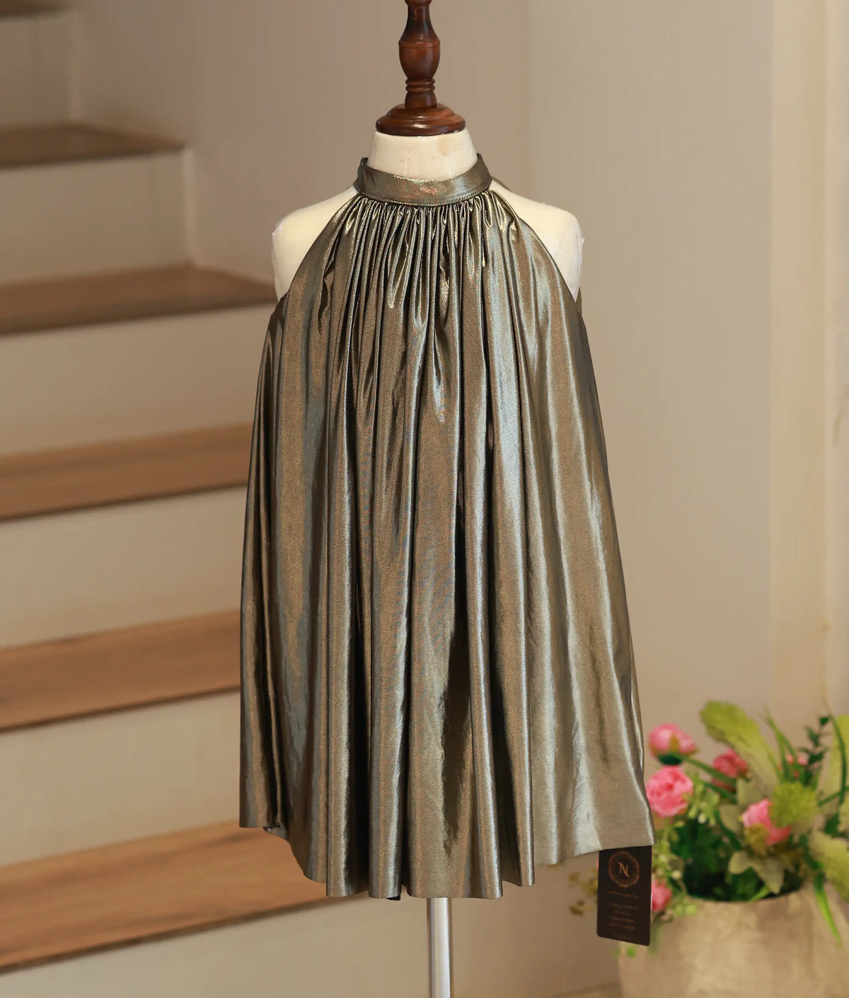Metallic Bronze Shimmer Lycra A-Line Frock for Baby Girl [6584]