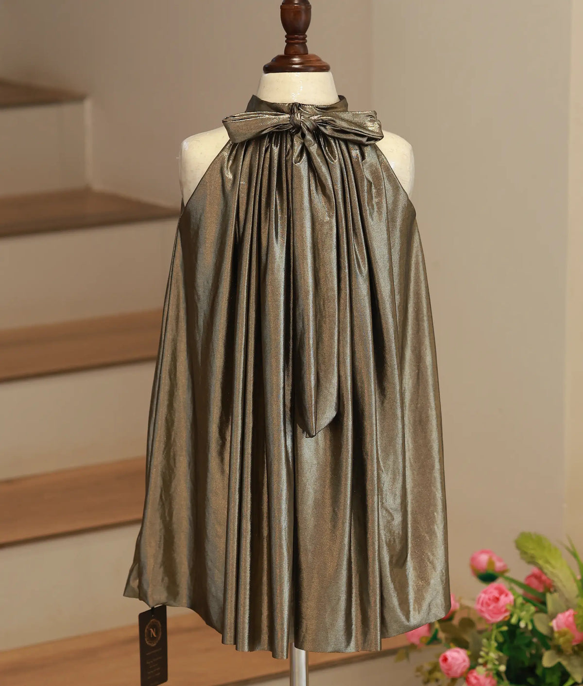 Metallic Bronze Shimmer Lycra A-Line Frock for Baby Girl [6584]