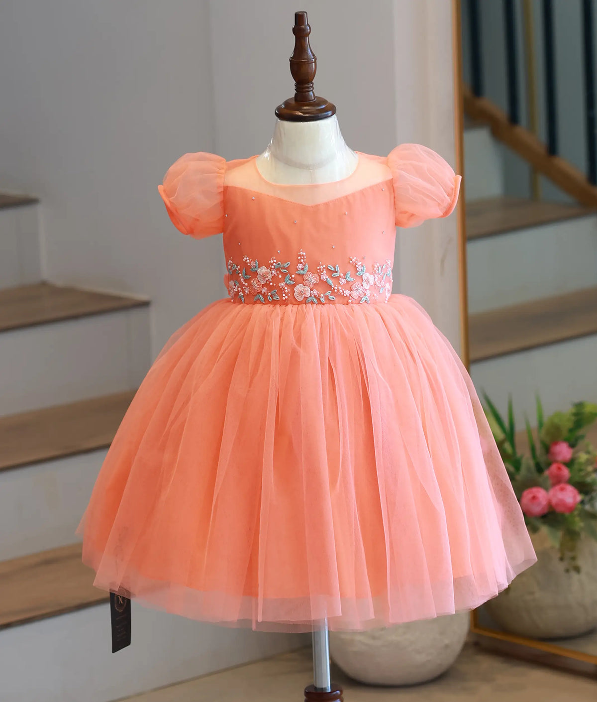 Peach Tulle Net Handworked Birthday Frock for Baby Girl [6592]