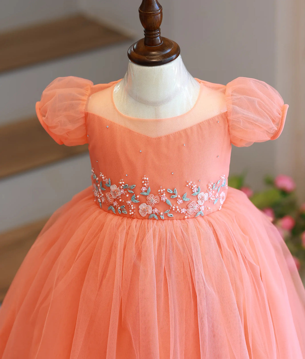 Peach Tulle Net Handworked Birthday Frock for Baby Girl [6592]