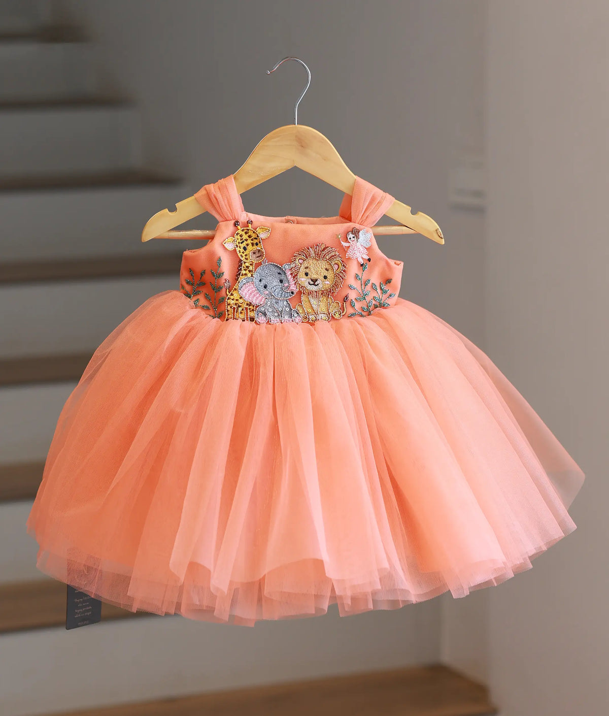 Peach Tulle Net Handworked Jungle Theme Frock for Baby Girl [Pre Order: 6632]