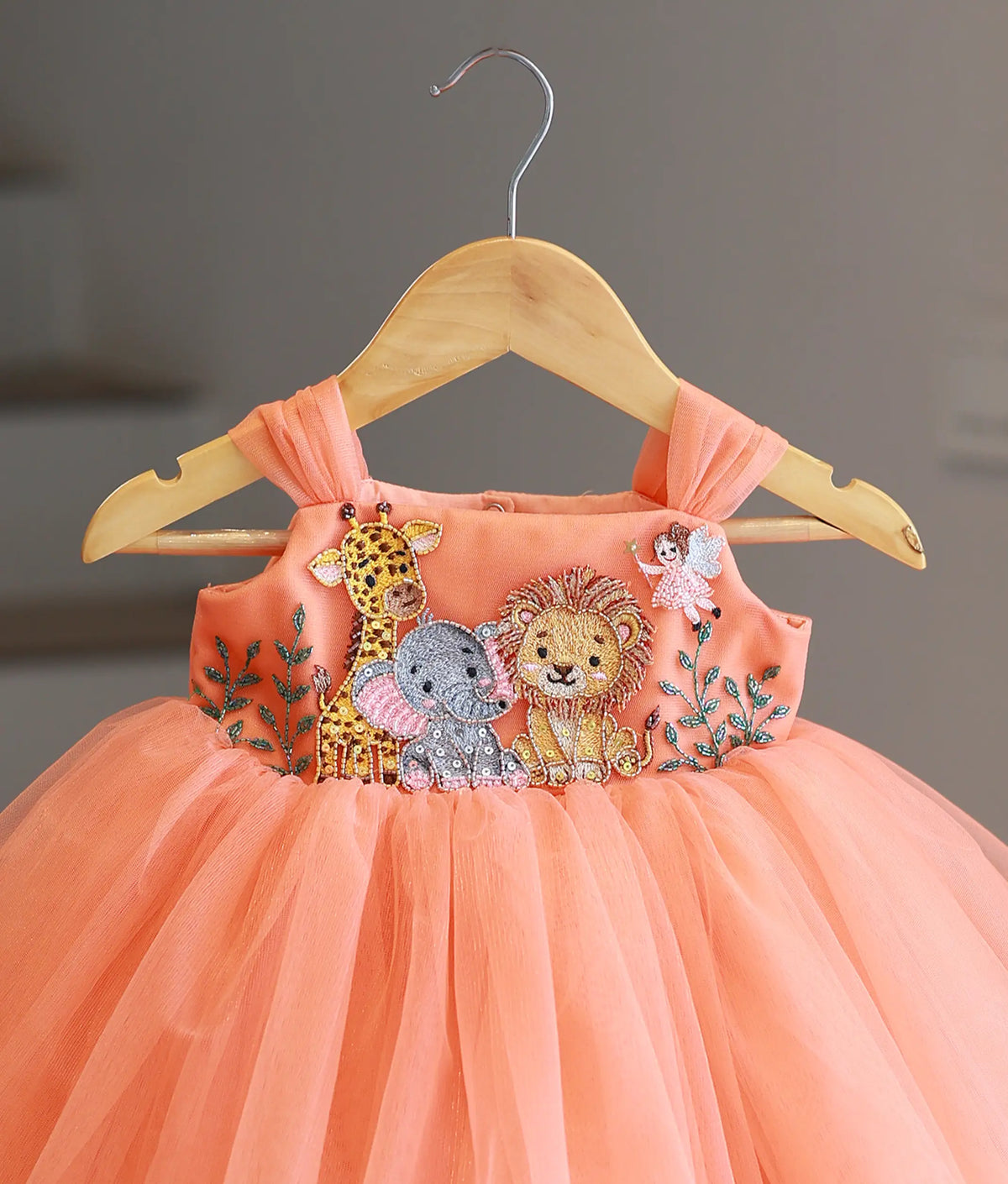 Peach Tulle Net Handworked Jungle Theme Frock for Baby Girl [Pre Order: 6632]