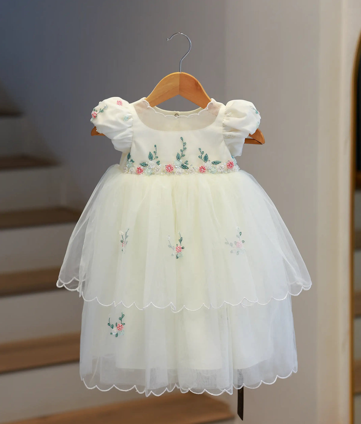 Off-White Tulle Net Handworked Baptism Gown for Baby Girl [Pre Order: 6633]