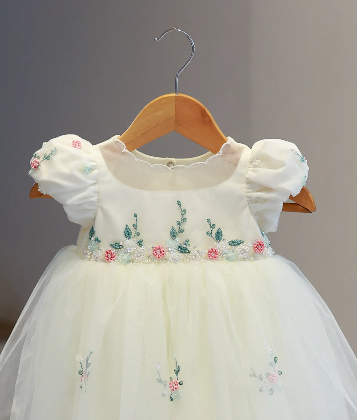 Off-White Tulle Net Handworked Baptism Gown for Baby Girl [Pre Order: 6633]