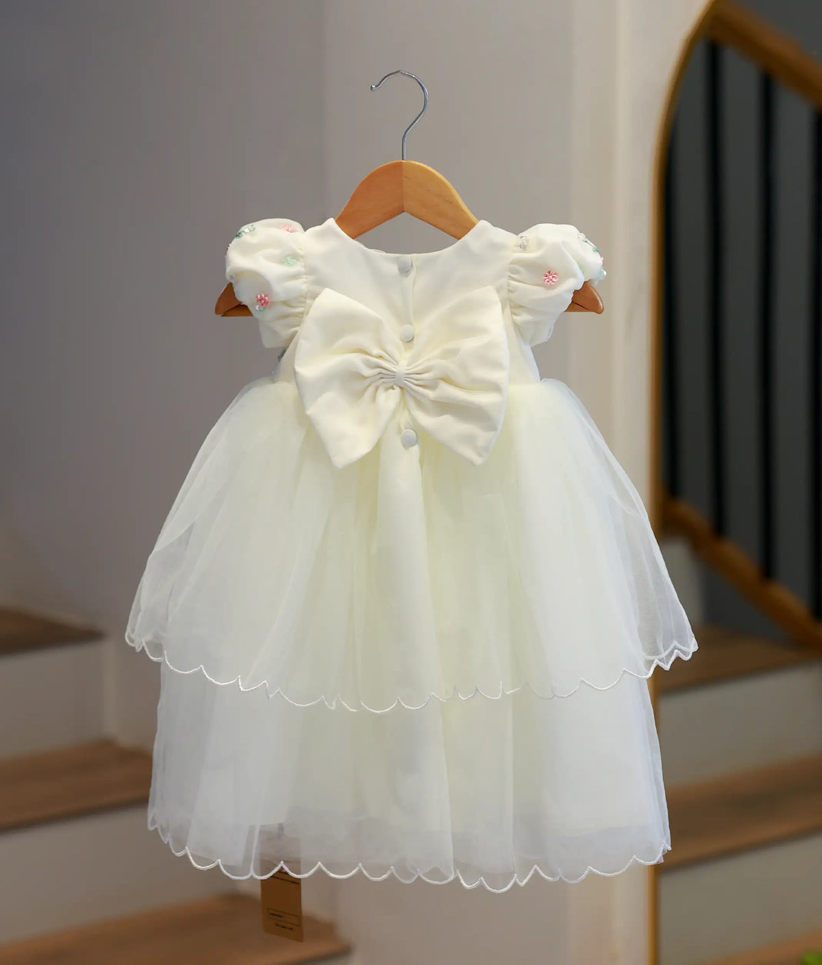 Off-White Tulle Net Handworked Baptism Gown for Baby Girl [Pre Order: 6633]