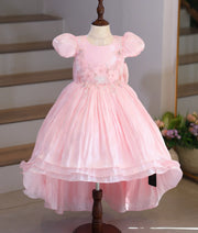 Baby Pink Laser Organza Handworked High-Low Flower Theme Frock for Baby Girl [Pre Order: 6634]