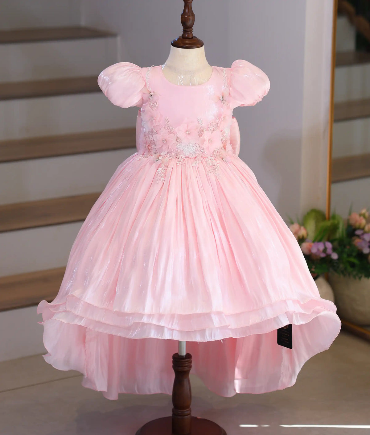 Baby Pink Laser Organza Handworked High-Low Flower Theme Frock for Baby Girl [Pre Order: 6634]