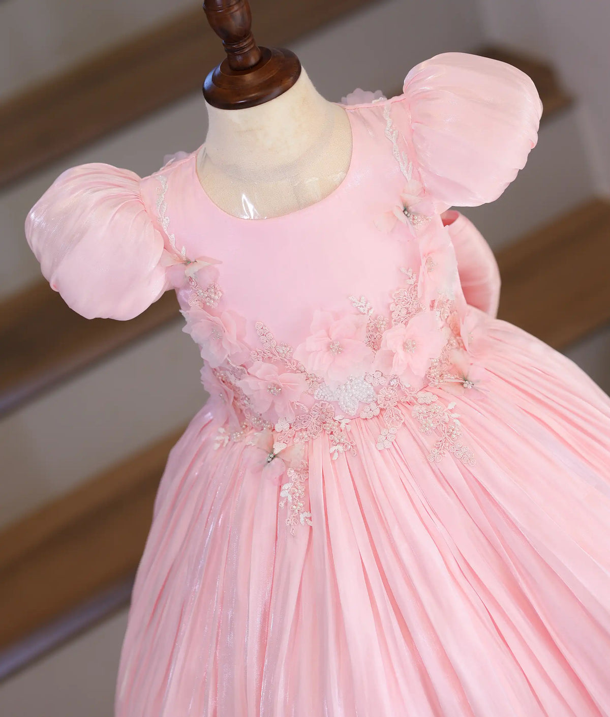 Baby Pink Laser Organza Handworked High-Low Flower Theme Frock for Baby Girl [Pre Order: 6634]