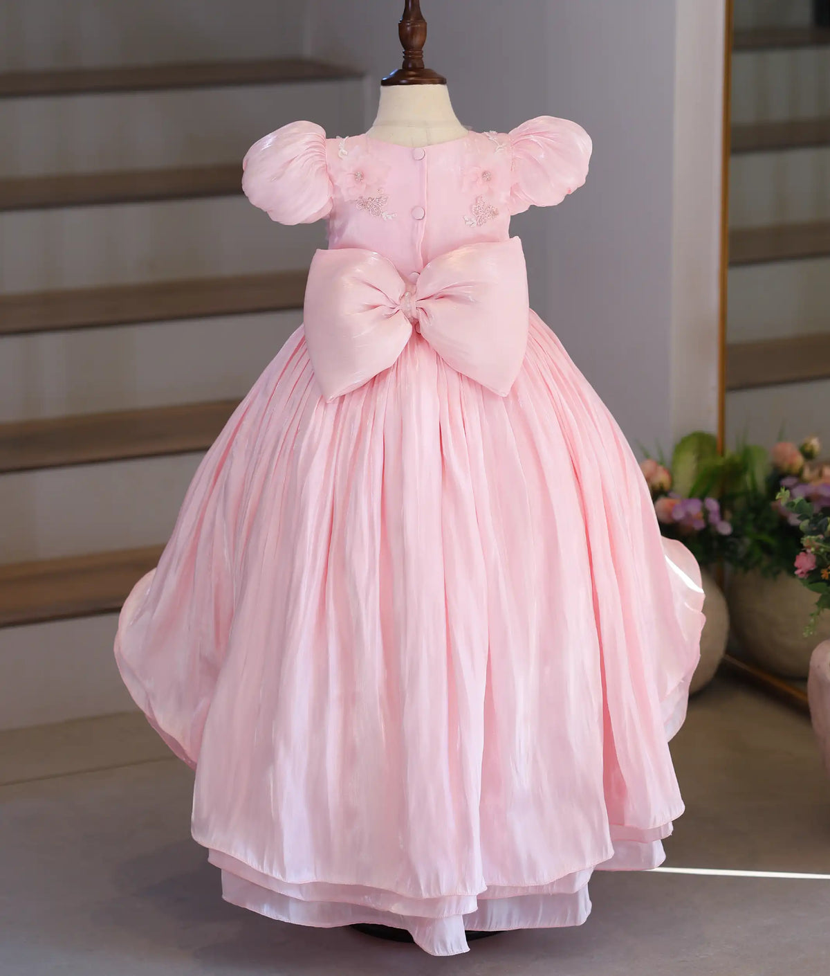 Baby Pink Laser Organza Handworked High-Low Flower Theme Frock for Baby Girl [Pre Order: 6634]