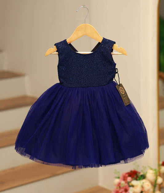 Navy Blue Tulle Net Handworked Casual Frock For Baby Girl [Ready To Ship: 6679]