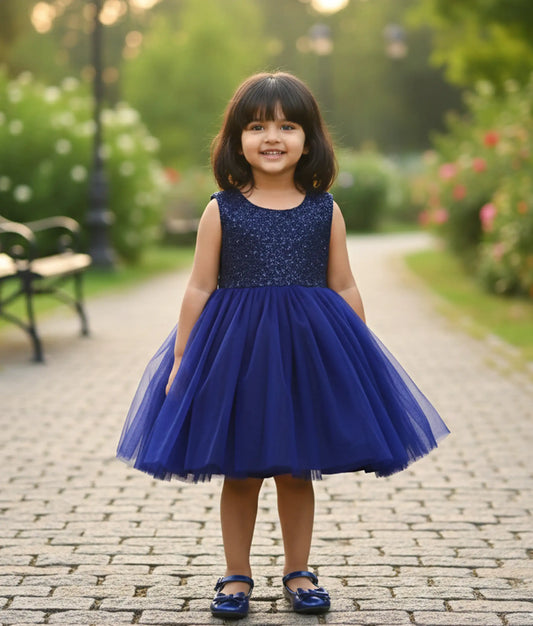 Navy Blue Tulle Net Handworked Casual Frock For Baby Girl [Ready To Ship: 6679]