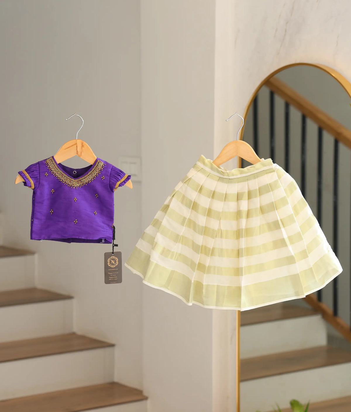 Purple Semi Silk Handworked Top with Golden Kasavu Skirt for Baby Girl [6763]