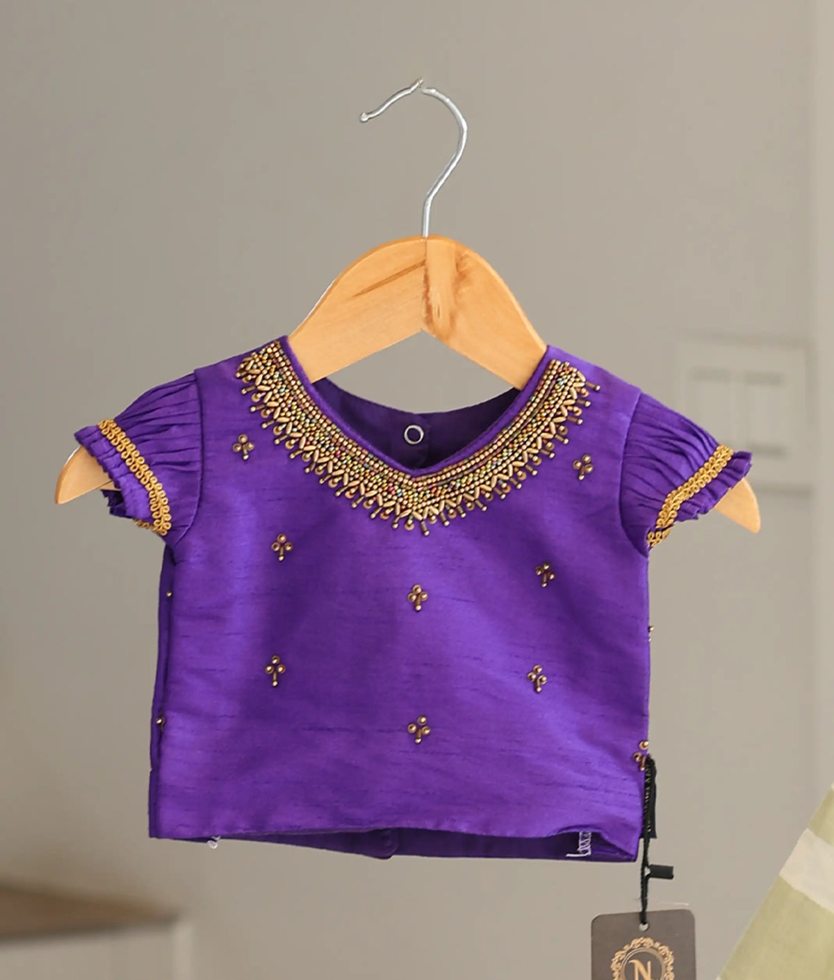 Purple Semi Silk Handworked Top with Golden Kasavu Skirt for Baby Girl [6763]
