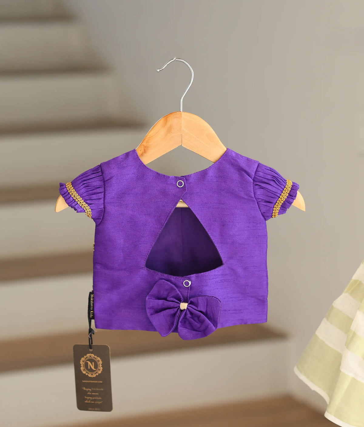 Purple Semi Silk Handworked Top with Golden Kasavu Skirt for Baby Girl [6763]