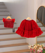 Maroon Tulle Net  Handworked Crop Top With Full Length Skirt For Baby Girl [7122]