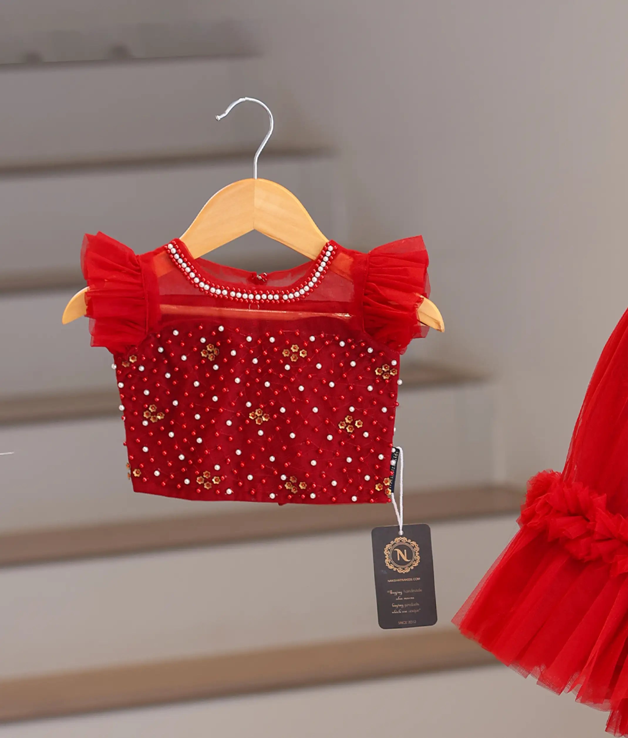 Maroon Tulle Net  Handworked Crop Top With Full Length Skirt For Baby Girl [7122]