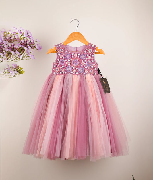 Pastel Lavender Tulle Net Handworked Birthday Gown For Baby [Ready to ship:7253]
