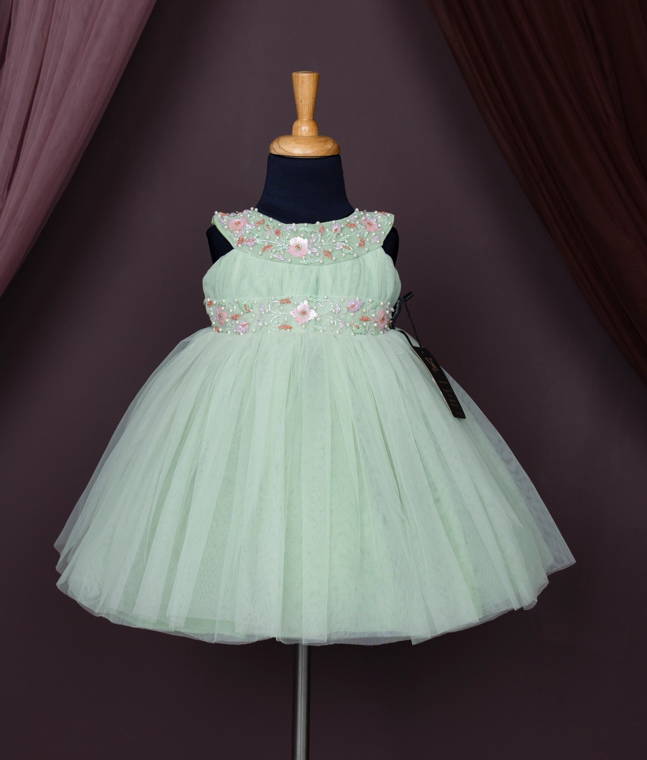Pastel Green Tulle Net Birthday Frock for Baby Girl [7351A]