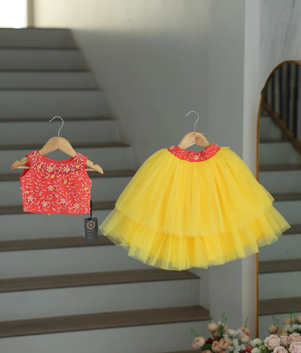 Coral Tulle Net Handworked Crop Top With Full Length Yellow Skirt For Baby Girl [7440A]