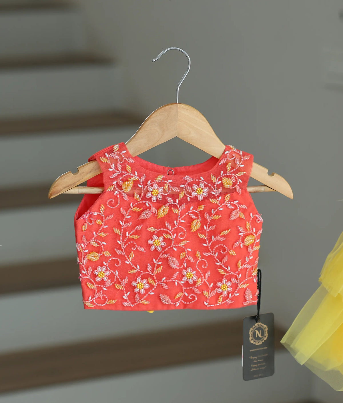 Coral Tulle Net Handworked Crop Top With Full Length Yellow Skirt For Baby Girl [7440A]