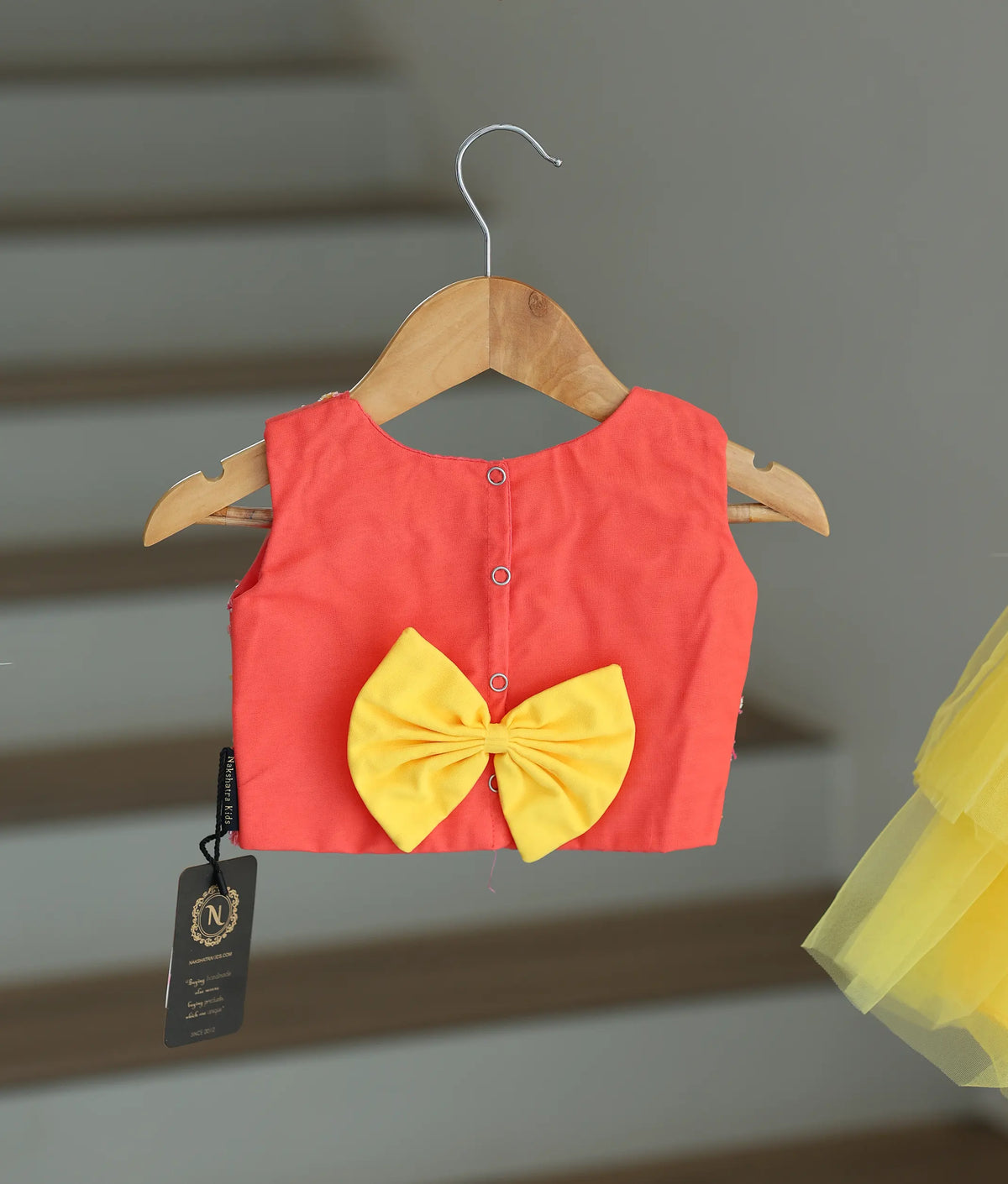Coral Tulle Net Handworked Crop Top With Full Length Yellow Skirt For Baby Girl [7440A]
