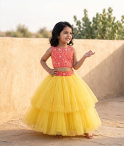 Coral Tulle Net Handworked Crop Top With Full Length Yellow Skirt For Baby Girl [7440A]