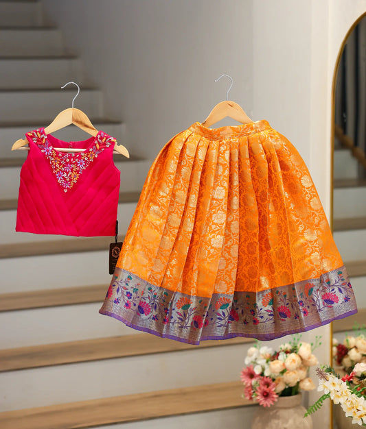 Pink Handworked Top With Banarsi Skirt For Diwali [Ready To Ship: 7592]