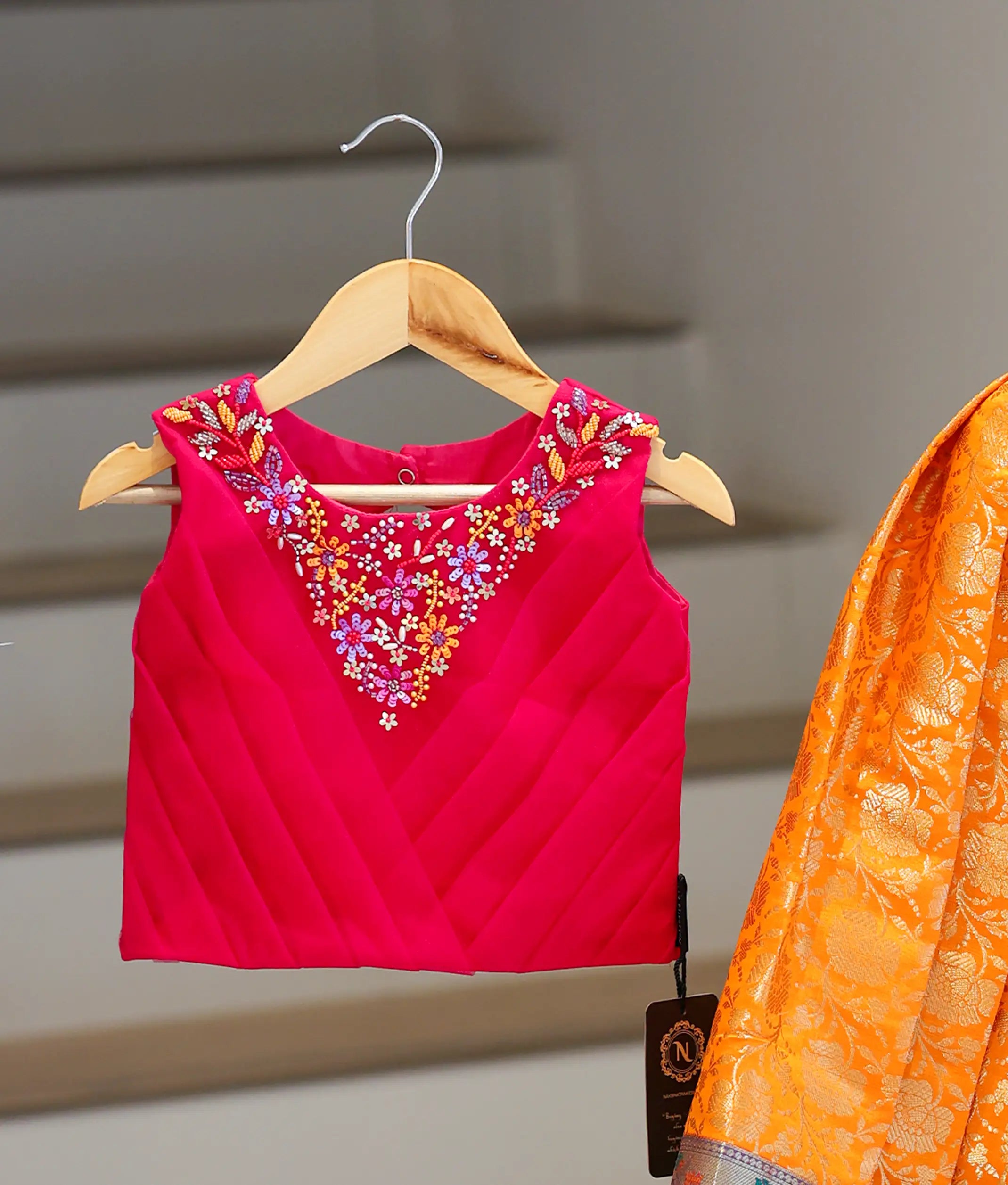 Pink Handworked Top With Banarsi Skirt For Diwali [7592]