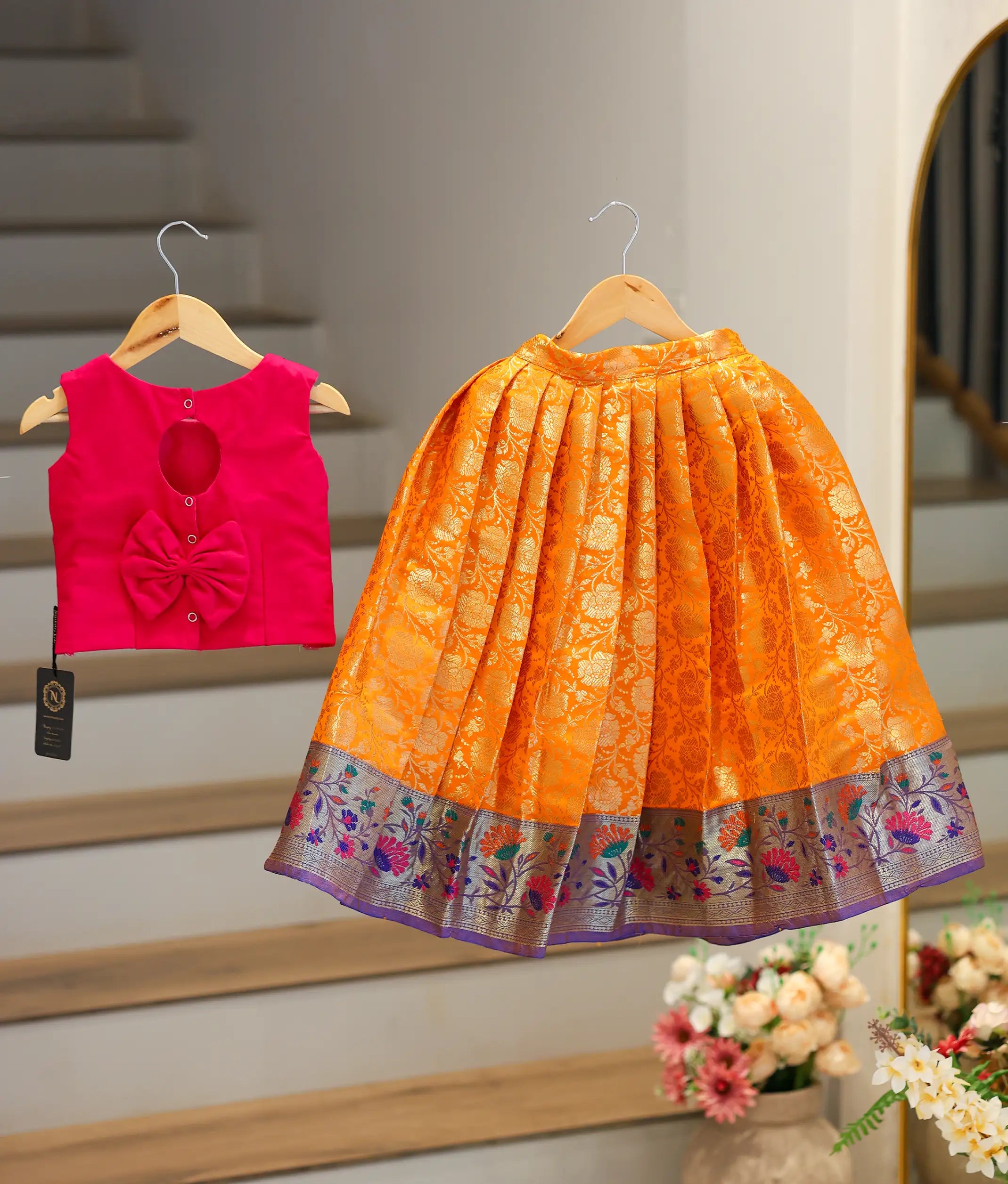 Pink Handworked Top With Banarsi Skirt For Diwali [7592]