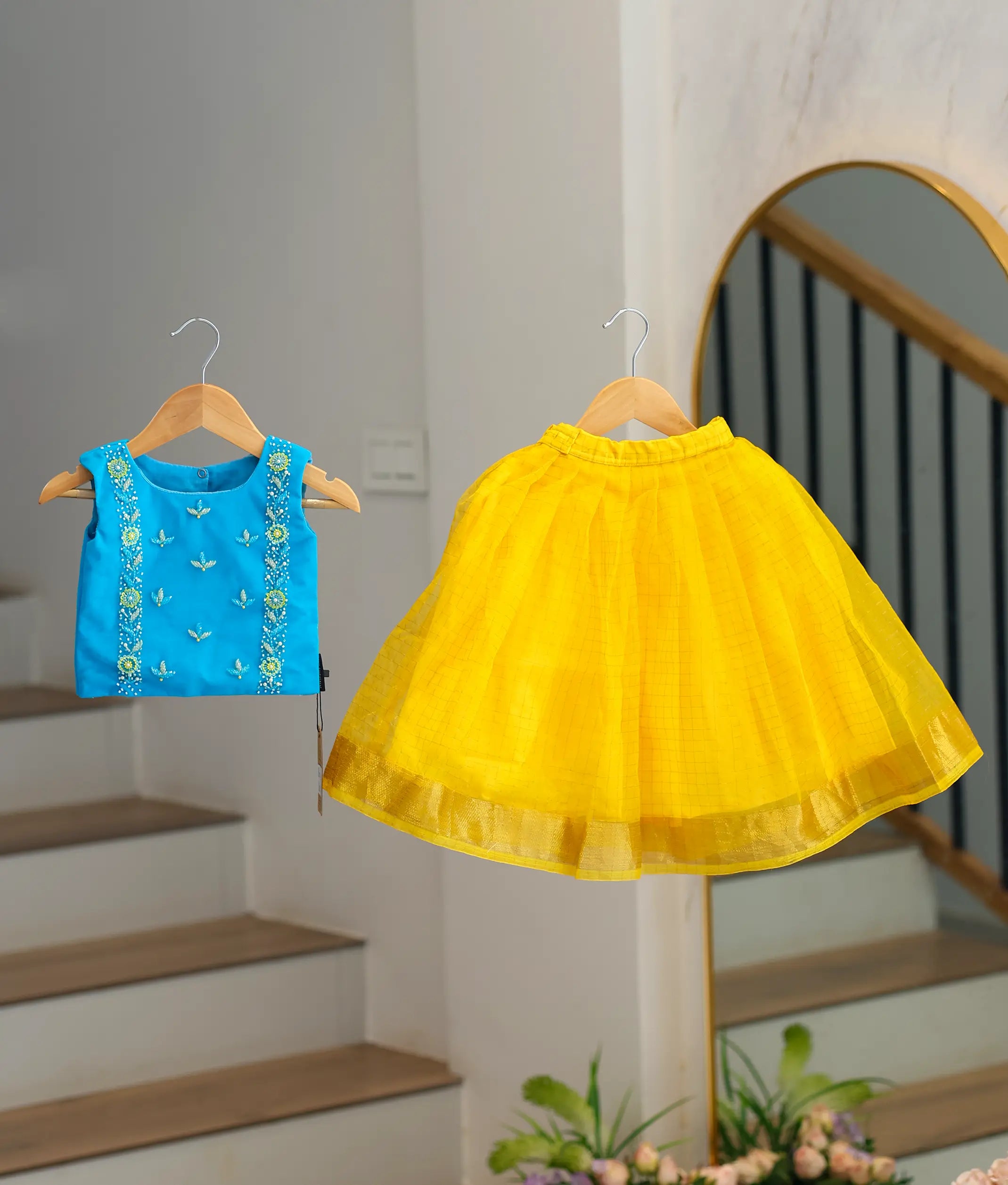 Blue Handworked Tulle Net Top with Yellow Organza full Skirt for Baby Girl [7615]