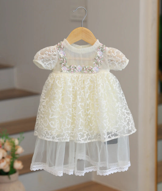 Offwhite Tulle Net Handworked Baptism Frock For Baby Girl [Ready to ship :7640]