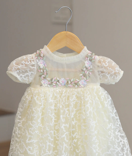 Offwhite Tulle Net Handworked Baptism Frock For Baby Girl [Ready to ship :7640]