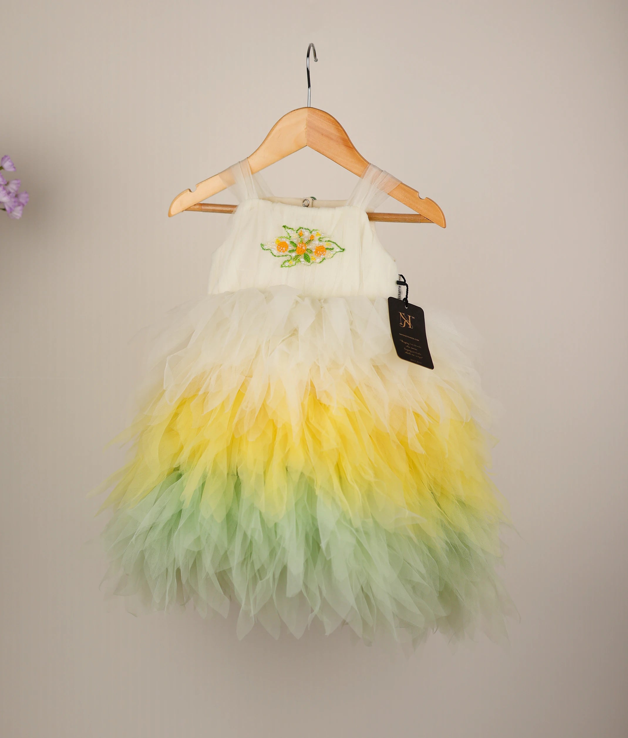 Multi-Colour Tulle Net Handworked Feather Birthday Frock For Baby Girl [7641]