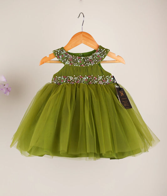 Olive Green Handworked Birthday Frock For Your Baby Girl [Ready to ship : 7666]