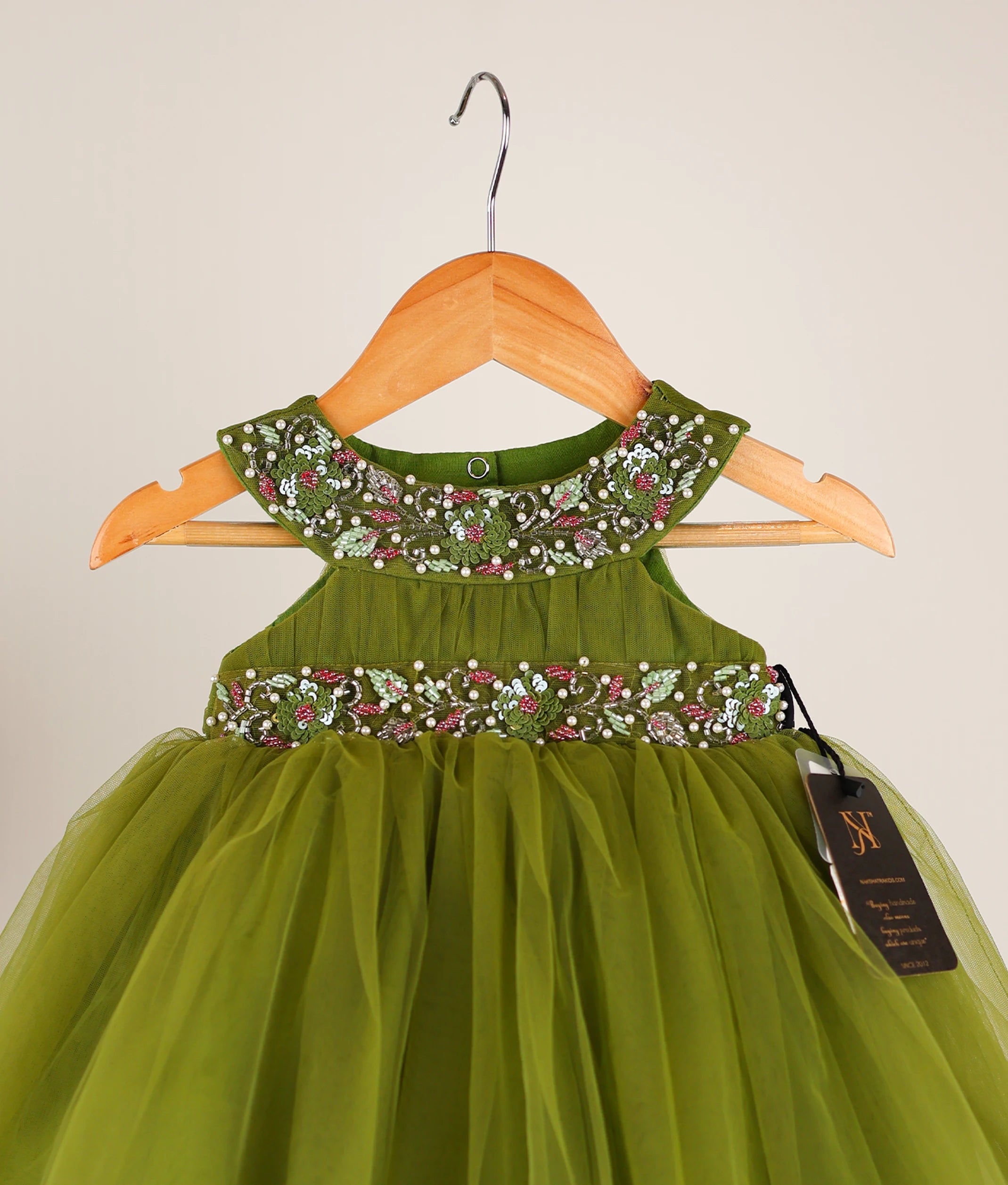 Olive Green Handworked Birthday Frock For Your Baby Girl [Ready to ship : 7666]